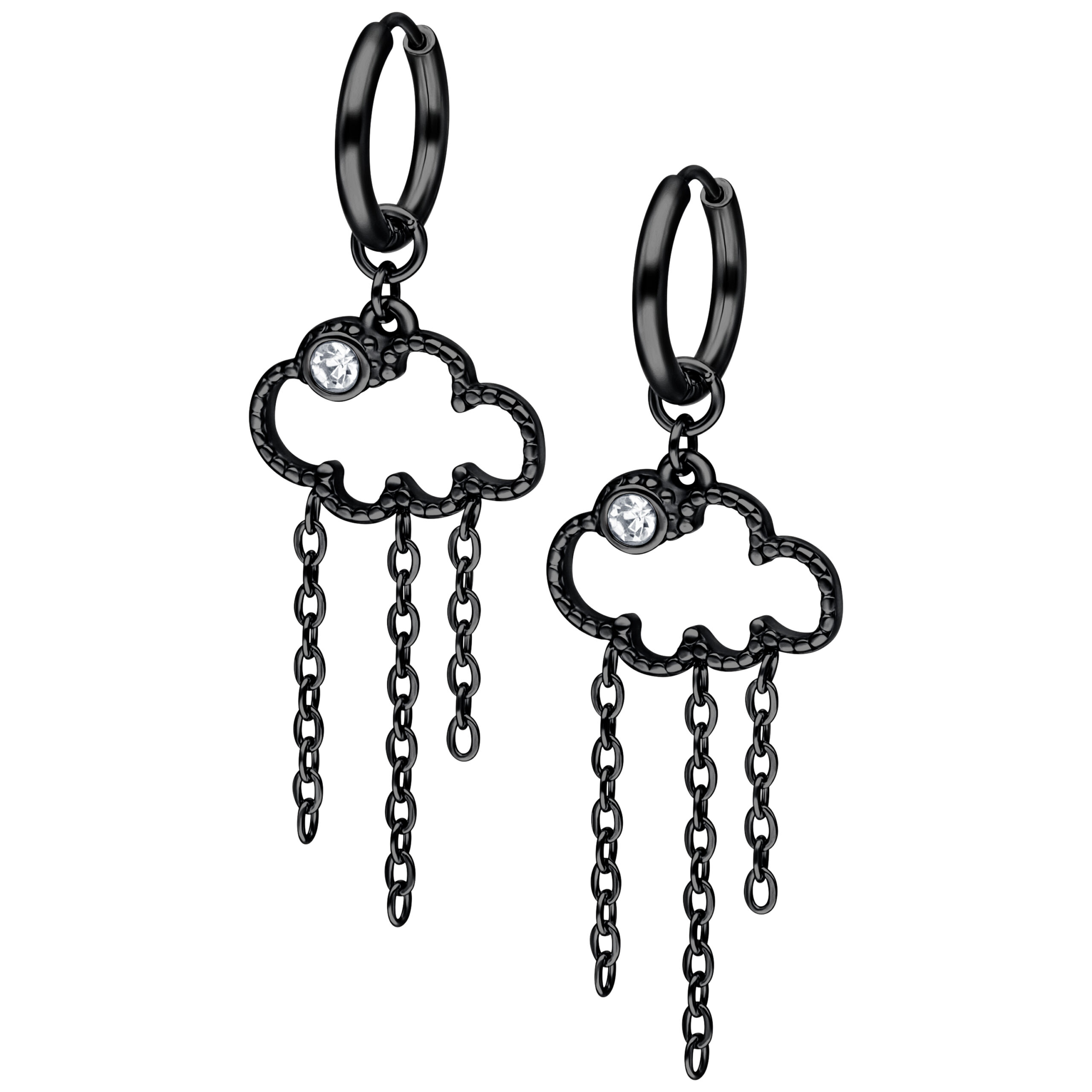 Orecchini neri a forma di nuvola con pendenti a catena su sfondo bianco