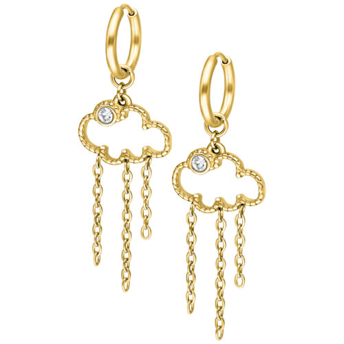 Orecchini d'oro a forma di nuvola con pendenti a catena su sfondo bianco