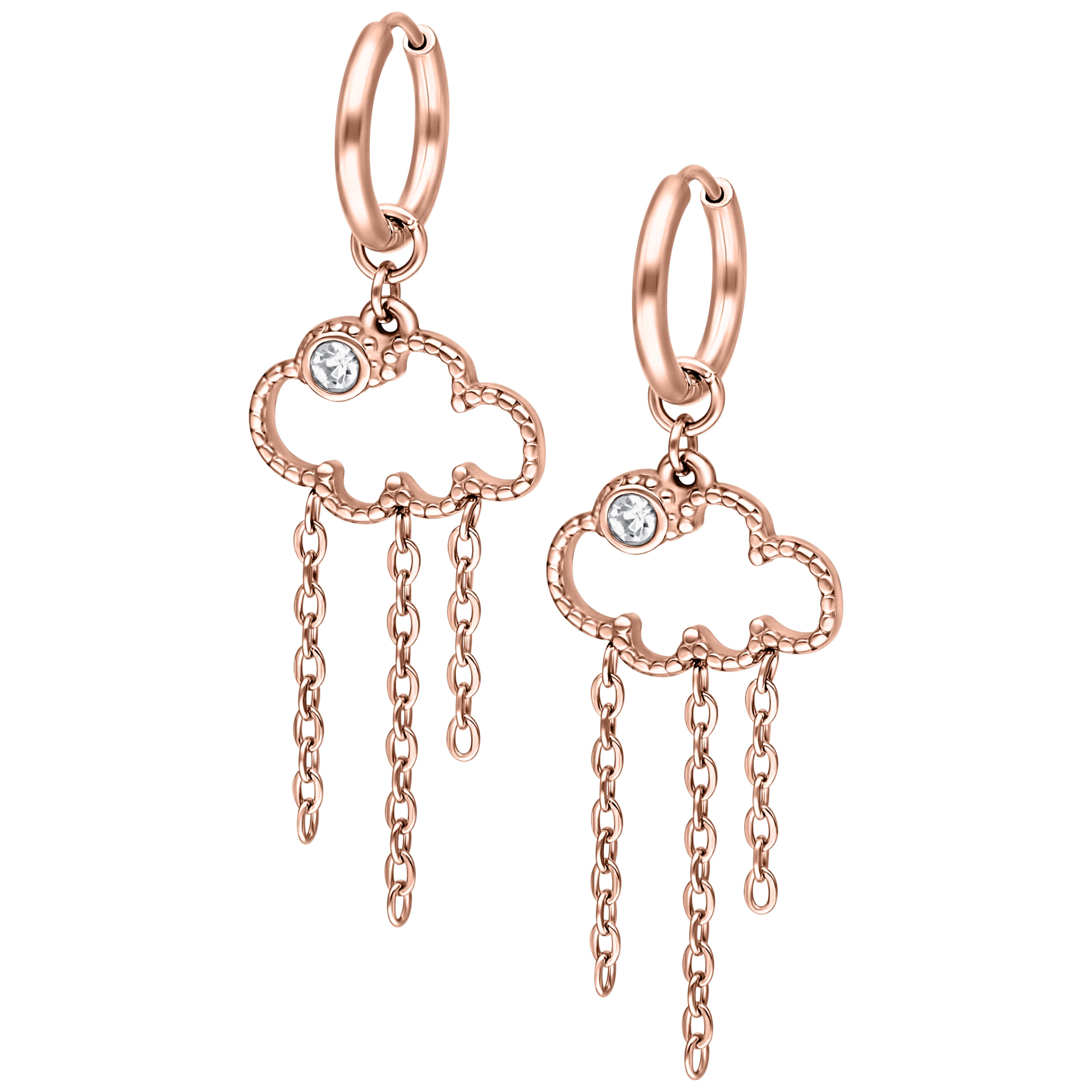 Orecchini in oro rosa a forma di nuvola con catene e pietra su sfondo bianco