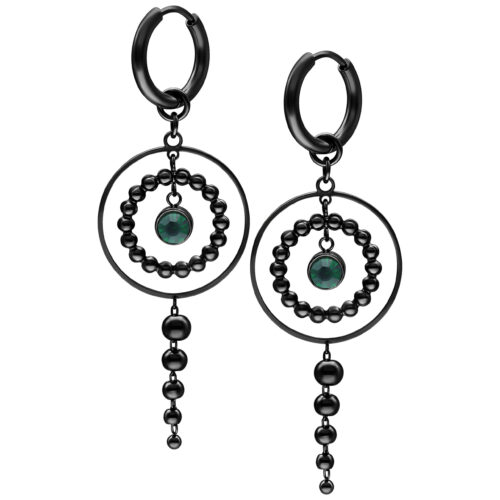Orecchini neri con cristalli verde smeraldo su sfondo bianco