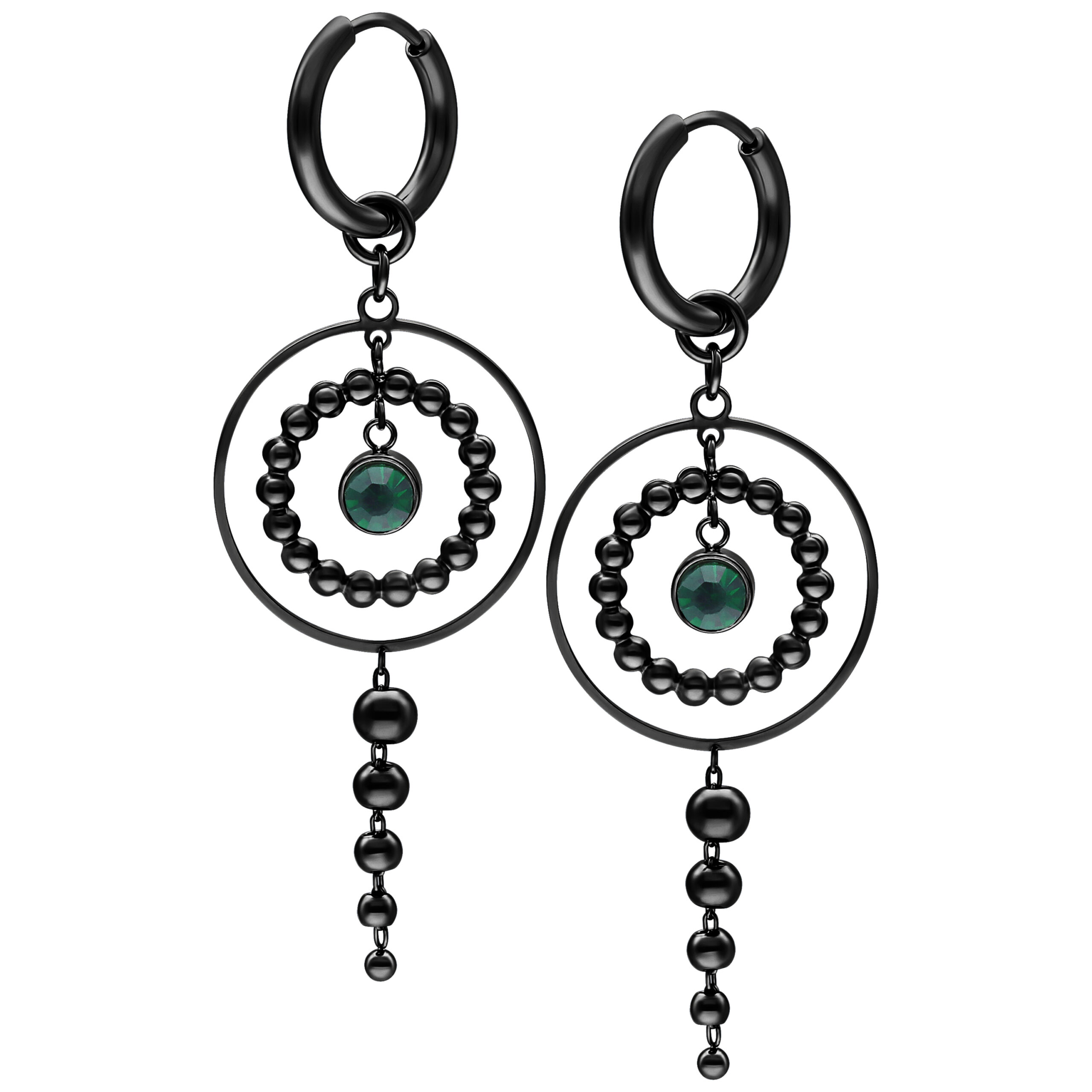 Orecchini neri con cristalli verde smeraldo su sfondo bianco