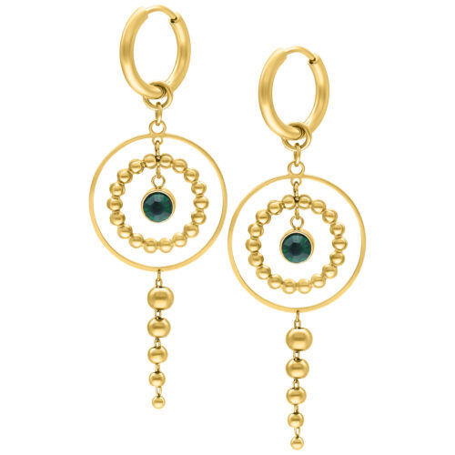 Orecchini dorati con cristallo verde smeraldo su sfondo bianco