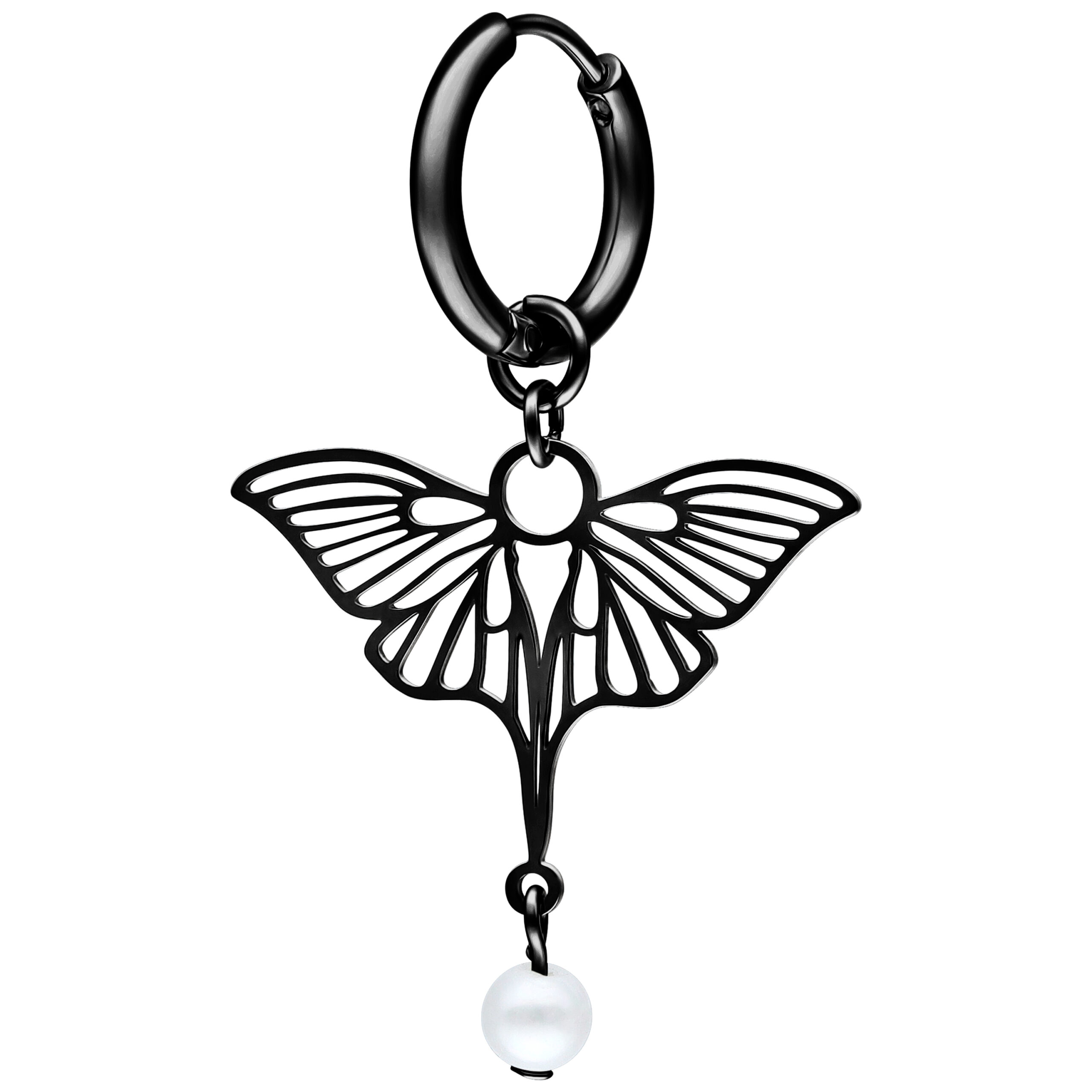 Orecchino nero a forma di libellula con pendente di perla su sfondo bianco