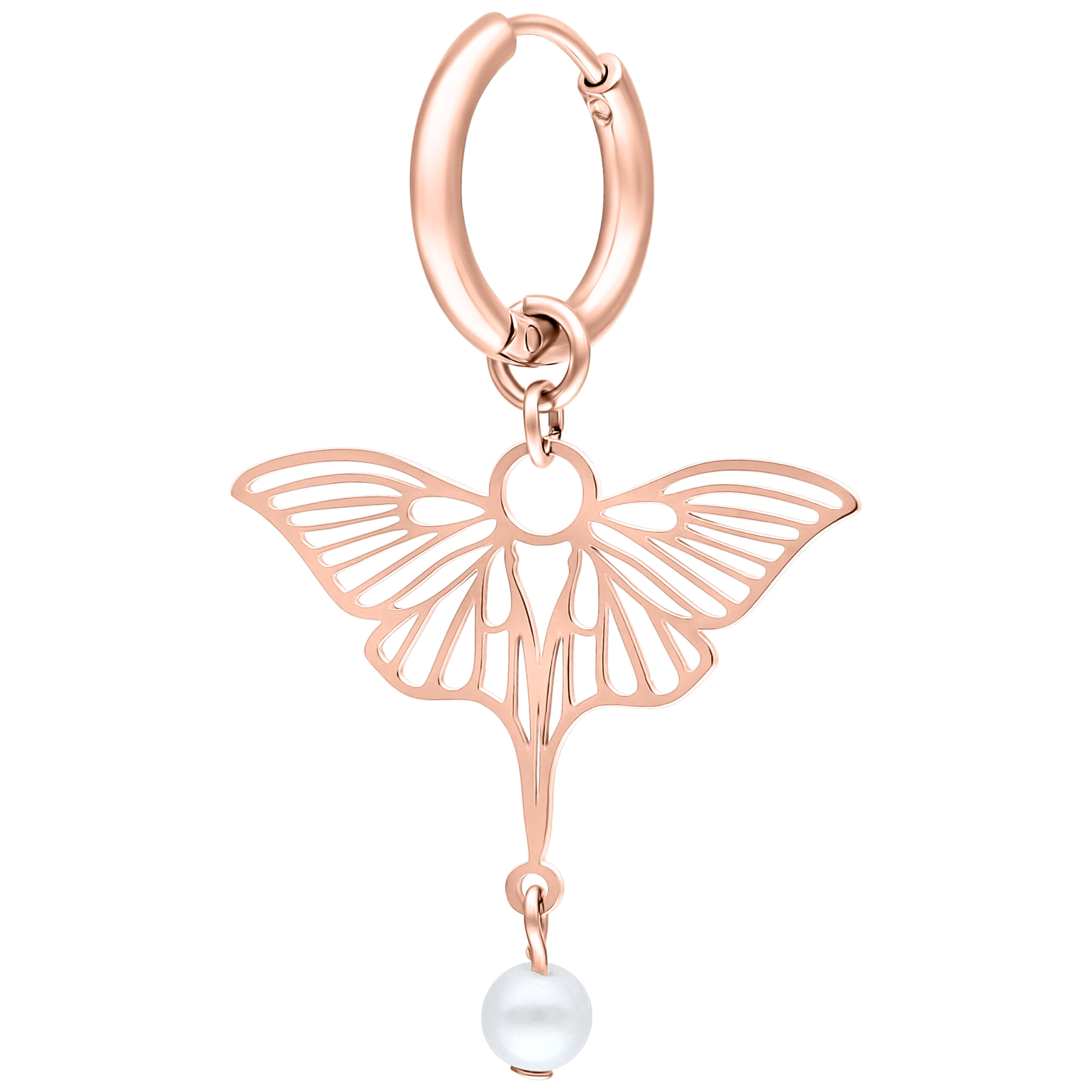 Orecchini Libellula in Oro Rosa con pendente di perla su sfondo bianco