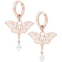Orecchini in oro rosa con motivo a libellula e perla pendente