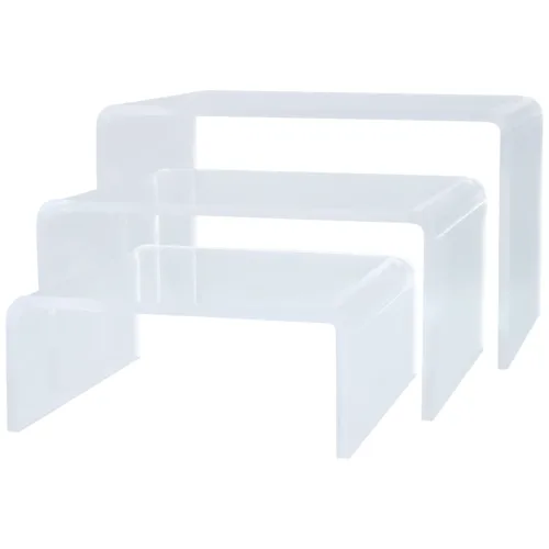 Tre display in acrilico nero di diverse dimensioni su sfondo bianco