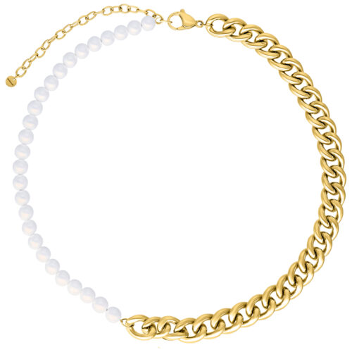 Collana Chunky con catena in metallo dorato e perle su sfondo bianco
