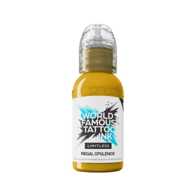 Inchiostro per tatuaggi giallo World Famous Ink 30 ml su sfondo bianco