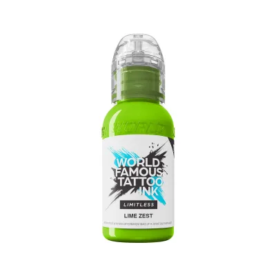 Inchiostro per tatuaggi verde World Famous Ink Limitless Lime Zest 30 ml su sfondo bianco