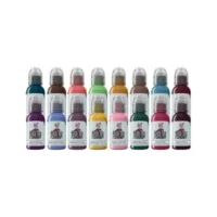 Set di colori per tatuaggi con 15 flaconi colorati su sfondo bianco