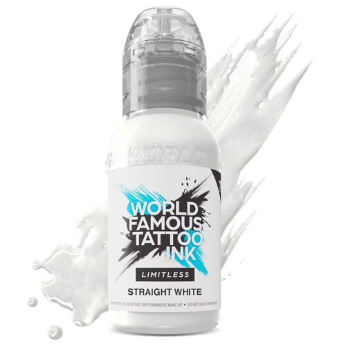 Bottiglia di World Famous Ink Limitless Straight White 30 ml su sfondo bianco