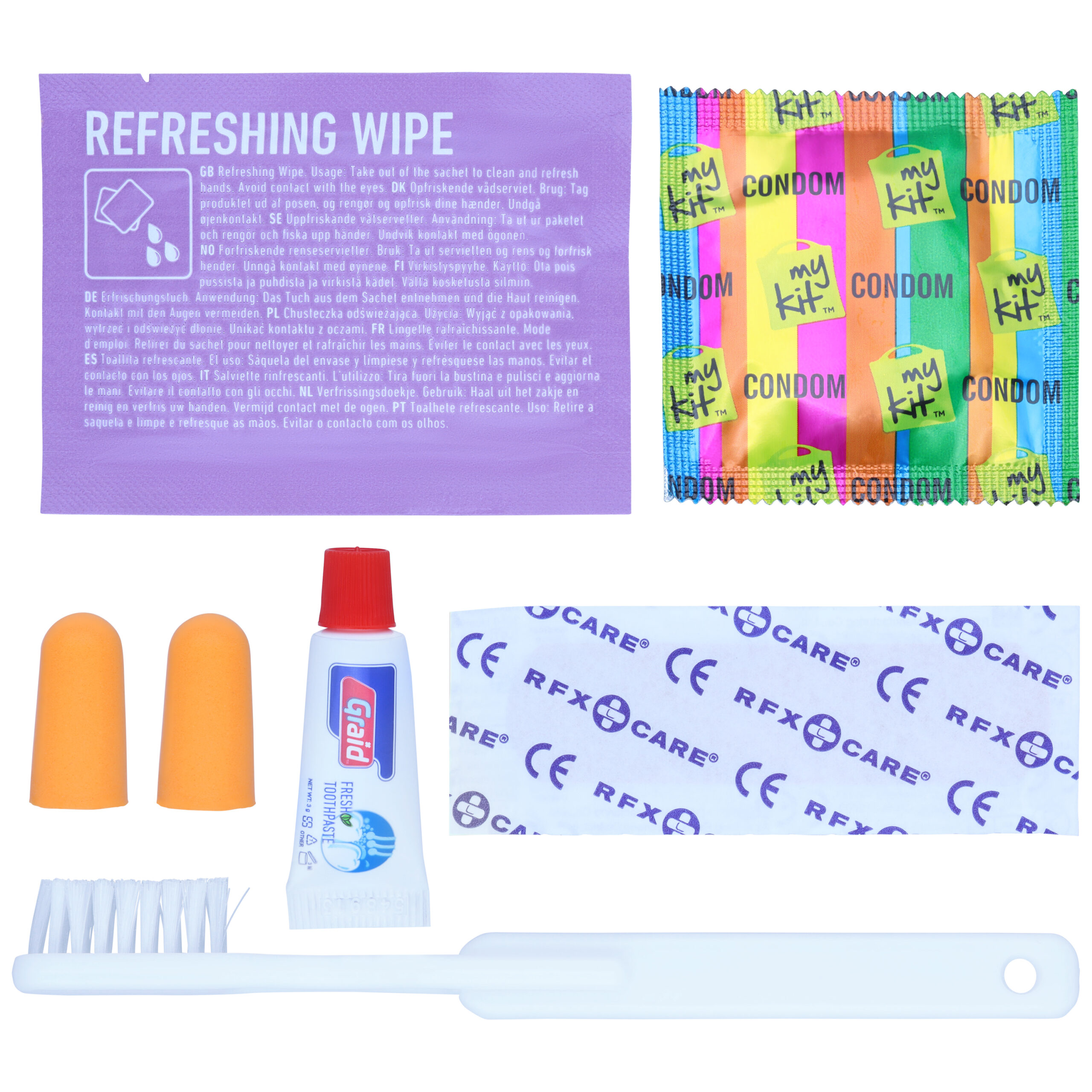 Kit di Sopravvivenza 35 Anni con Dentifricio e Preservativi Kit di sopravvivenza con spazzolino, dentifricio, preservativi, tappi per le orecchie e salvietta rinfrescante su sfondo bianco