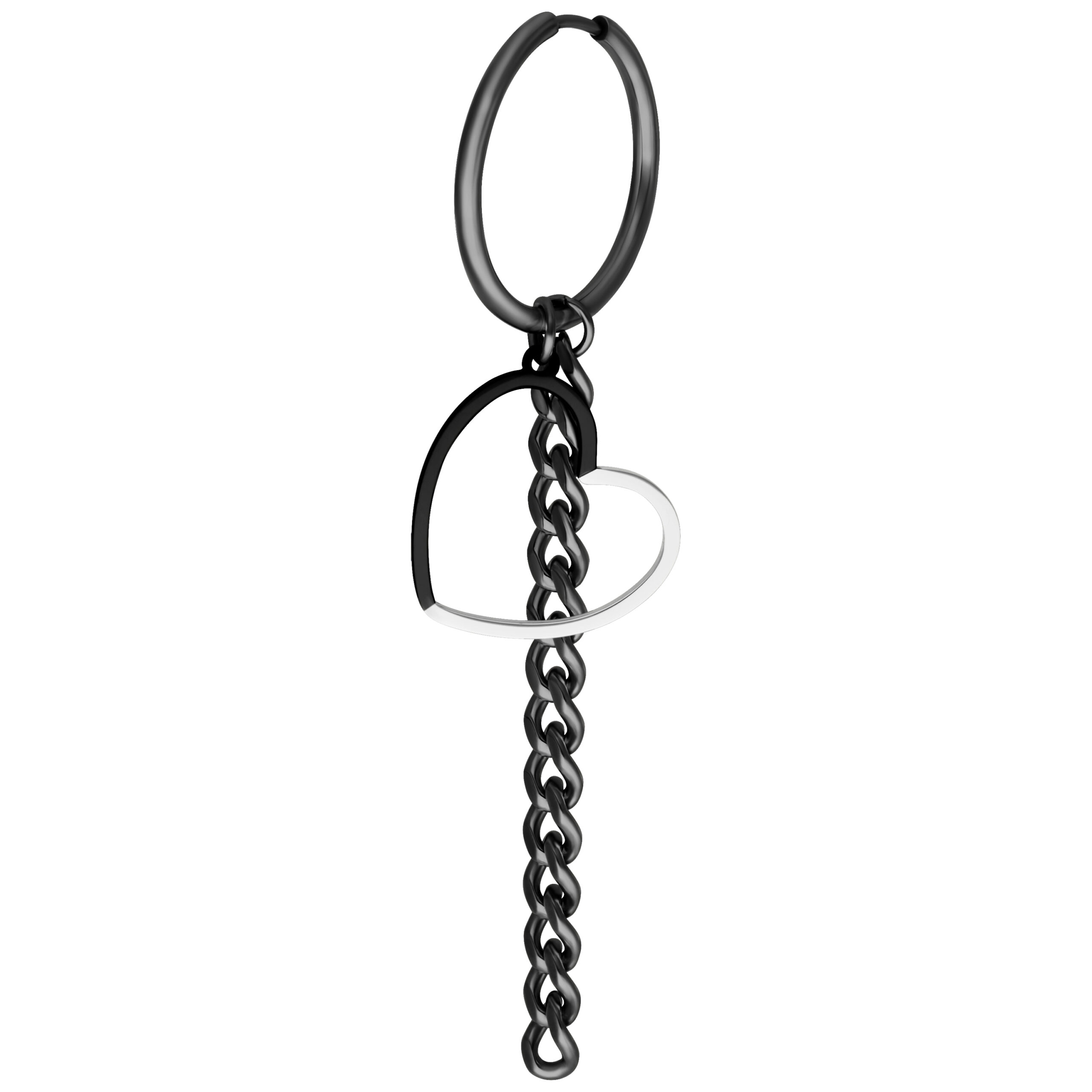 Orecchini neri in metallo con ciondolo a cuore e catena su sfondo bianco