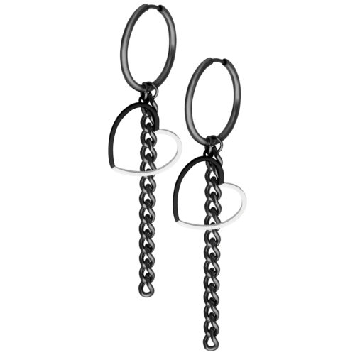 Due orecchini neri a forma di cuore con pendenti a catena su sfondo bianco