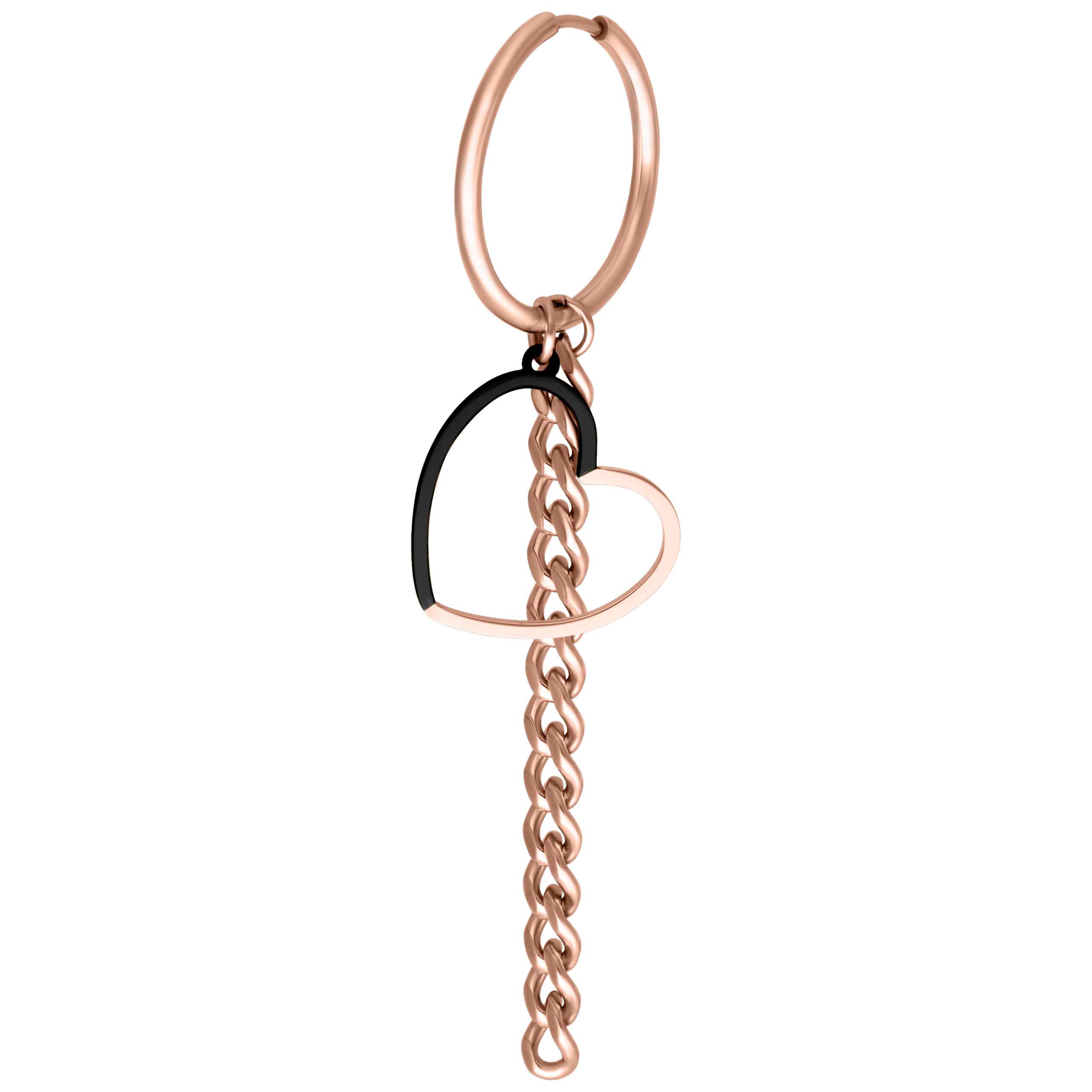 Orecchini a cerchio in oro rosa con ciondolo a cuore e dettagli a catena su sfondo bianco