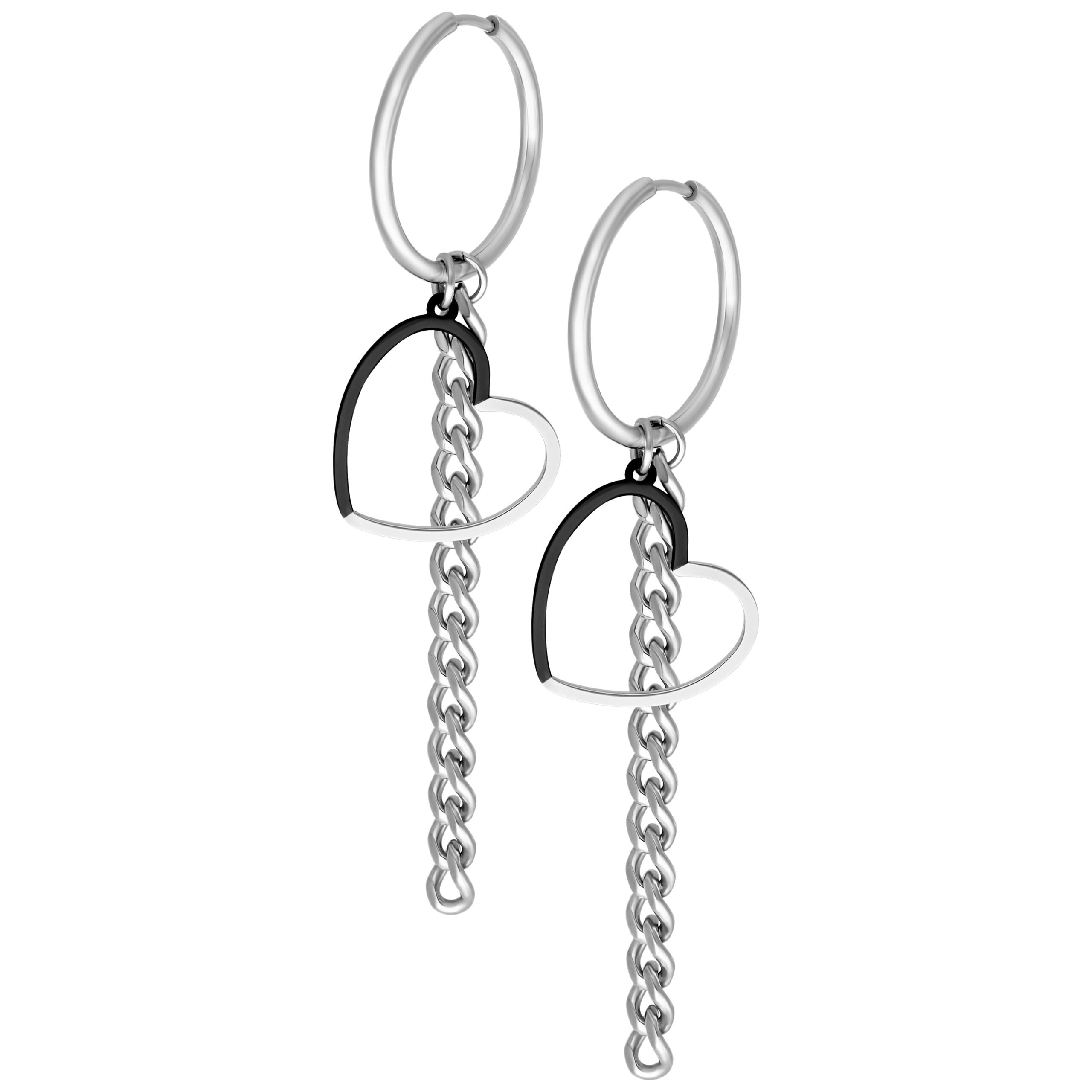 Orecchini a cerchio in argento con pendenti a forma di cuore in nero e argento