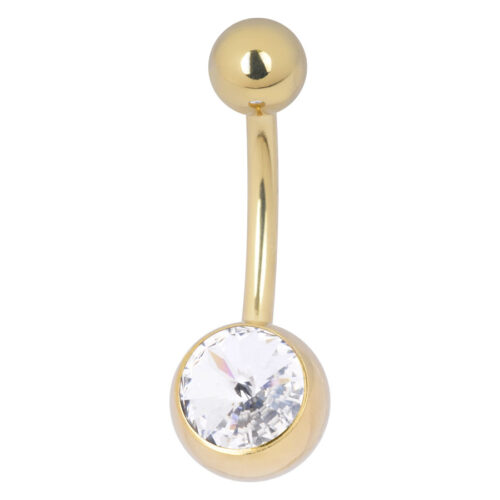 Piercing ombelico Bananabell dorato con cristallo chiaro su sfondo bianco