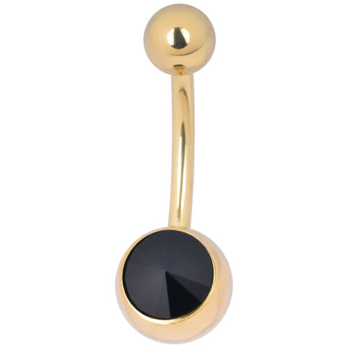 Piercing ombelico dorato con cristallo nero su sfondo bianco