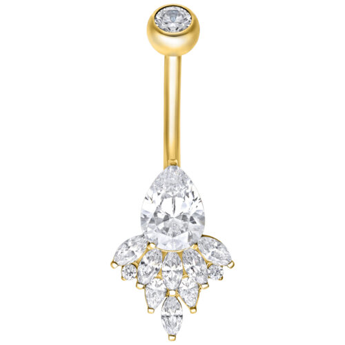 Piercing a banana dorato con cristalli chiari, lunghezza 8mm, su sfondo bianco