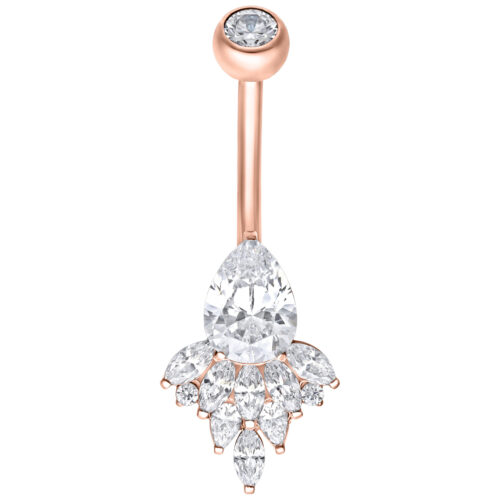 Piercing all'ombelico in oro rosa con cristalli chiari su sfondo bianco