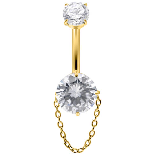 Banana Bell dorato con cristalli chiari e catena su sfondo bianco