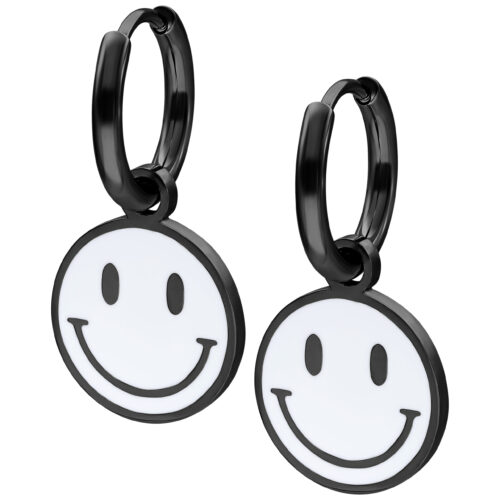 Orecchini neri con ciondolo Smiley bianco su sfondo bianco