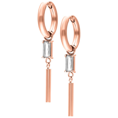 Orecchini a cerchio in oro rosa con cristallo quadrato trasparente su sfondo bianco