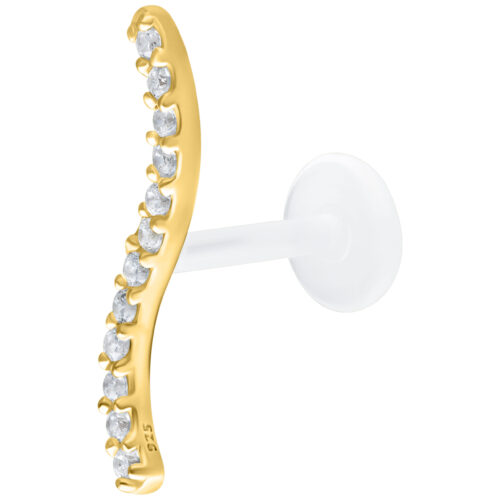 Labret dorato con fila di cristalli e PTFE Push Fit su sfondo bianco