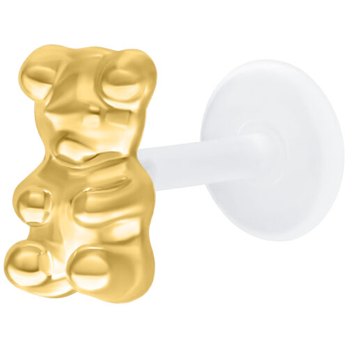 Piercing labret Gummi Bear dorato, lunghezza 11 mm, su sfondo bianco