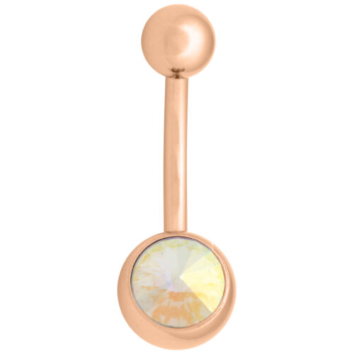 Piercing all'ombelico in titanio oro rosa con cristallo Aurora Boreale su sfondo bianco