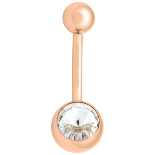 Piercing all'ombelico in oro rosa con pietra cristallina su sfondo bianco