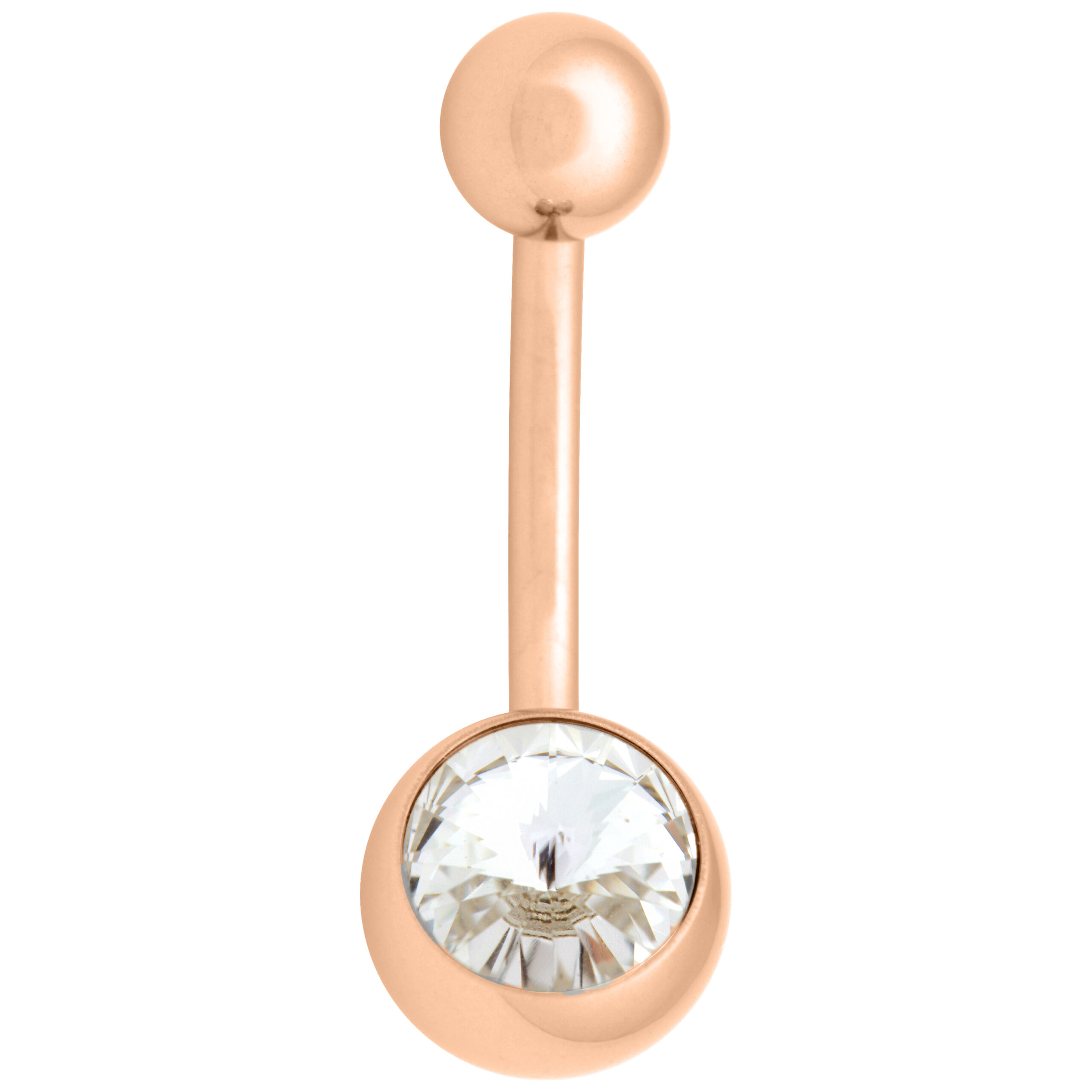 Piercing all'ombelico in oro rosa con pietra cristallina su sfondo bianco