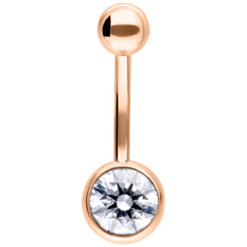 Piercing all'ombelico in rosé gold con cristallo chiaro, lunghezza 10 mm, su sfondo bianco
