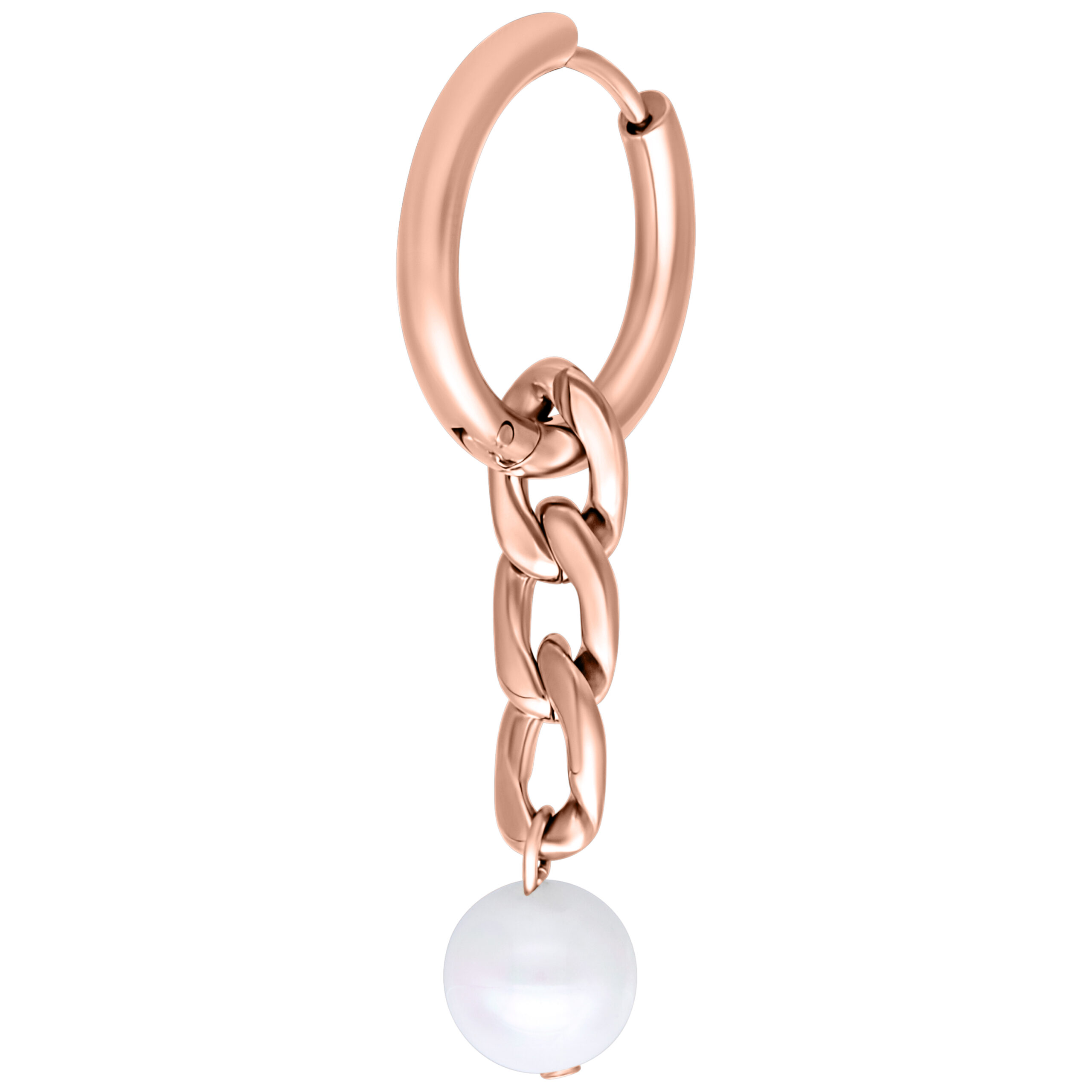 Creola in oro rosa con design a catena e perla bianca su sfondo bianco