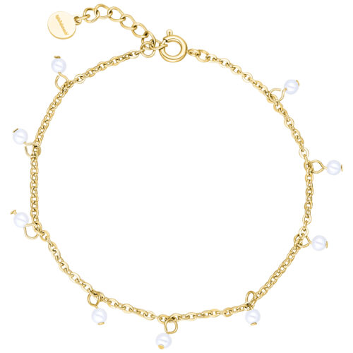 Braccialetto dorato in acciaio chirurgico con piccole perle su sfondo bianco