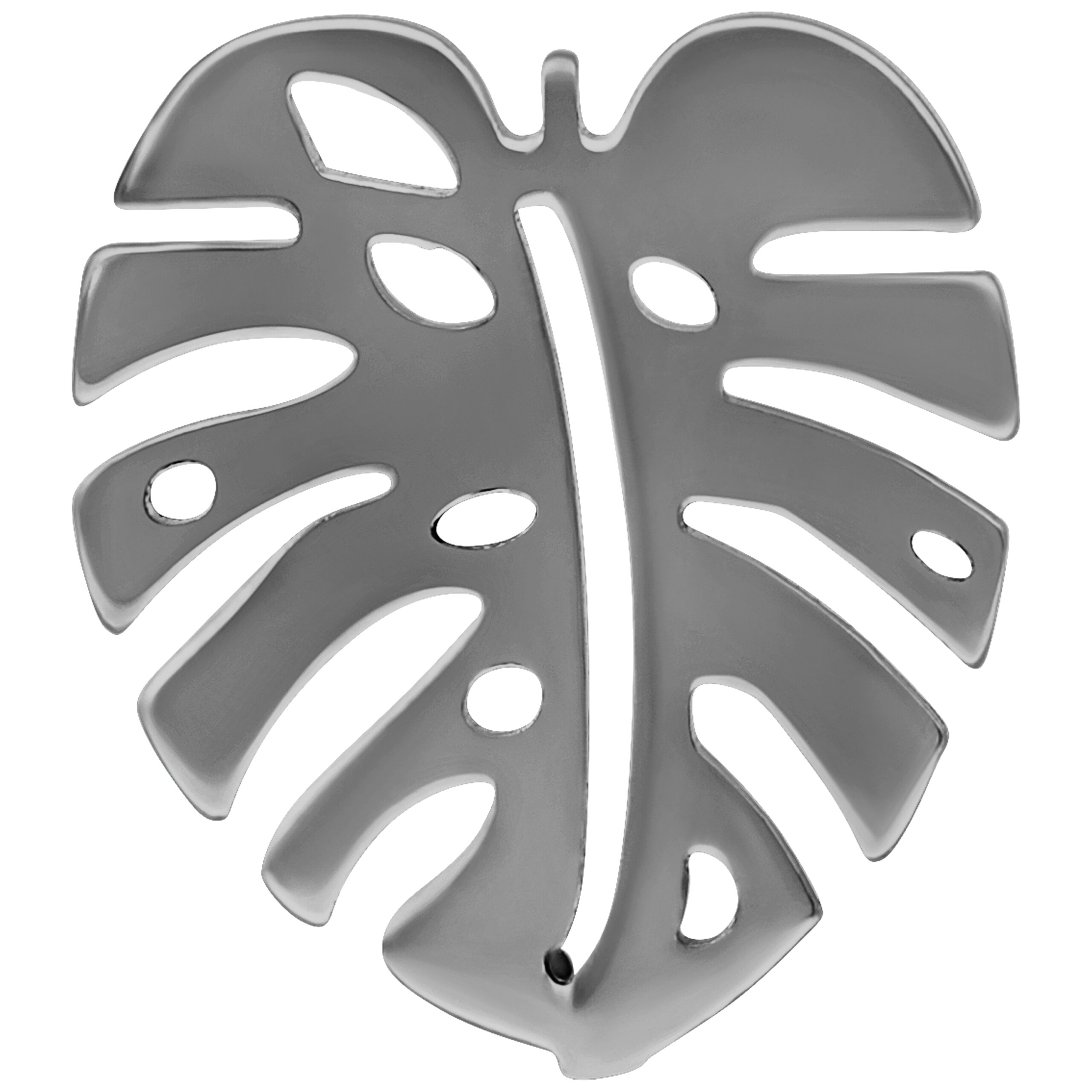 Orecchino Monstera color argento lucidato a specchio in titanio su sfondo bianco