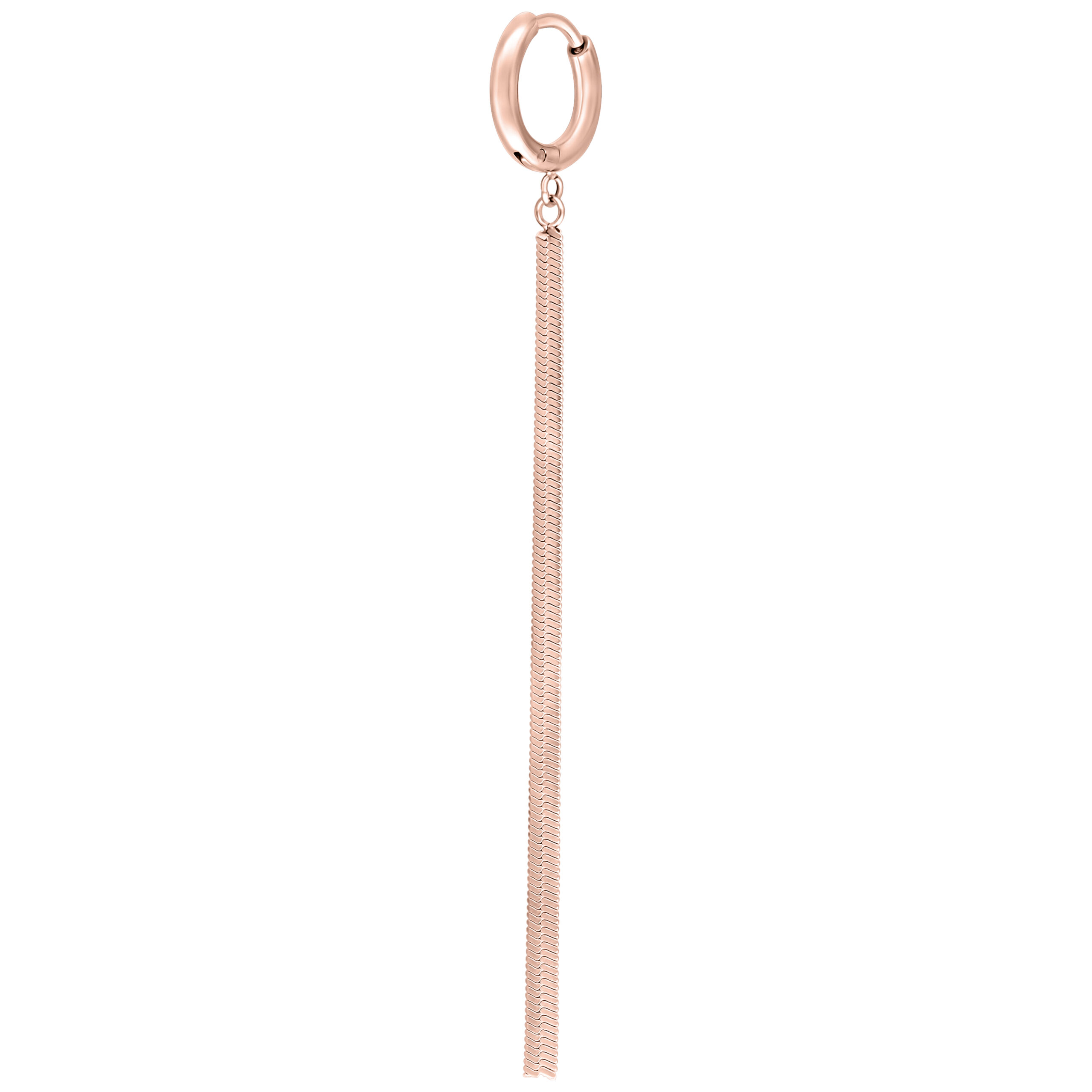 Orecchini a cerchio in oro rosa con dettaglio a catena lungo e sottile su sfondo bianco