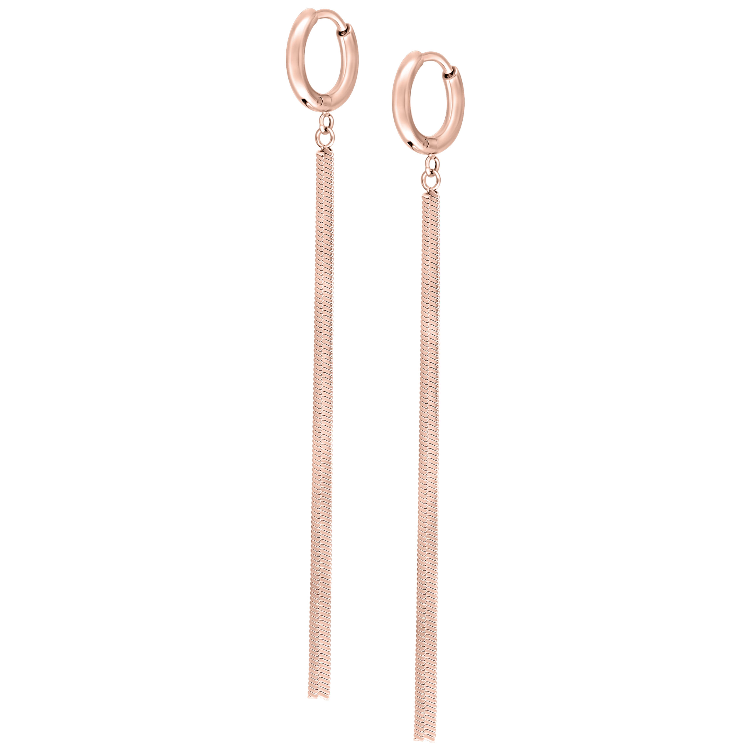 Orecchini a cerchio in oro rosa con dettagli a catena lunga su sfondo bianco