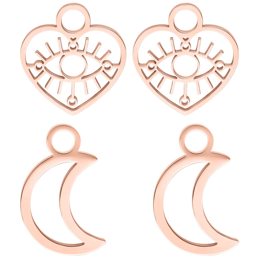 Quattro orecchini pendenti in oro rosa, due a forma di cuore con occhio, due a forma di luna, su sfondo bianco