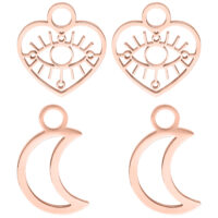 Quattro orecchini pendenti in oro rosa, due a forma di cuore con occhio, due a forma di luna, su sfondo bianco