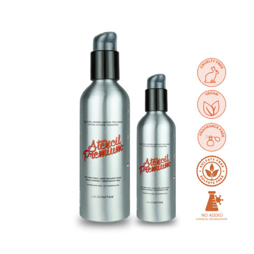 Due bottiglie argento di Aloe Tattoo Premium Gel su sfondo bianco, con simboli vegani e cruelty-free