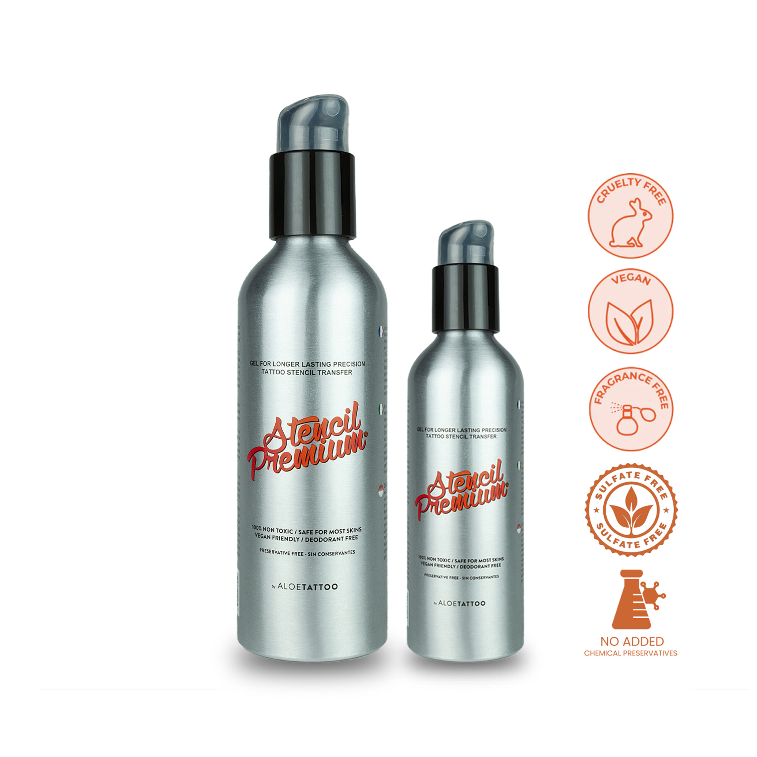 Due bottiglie argento di Aloe Tattoo Premium Gel su sfondo bianco, con simboli vegani e cruelty-free