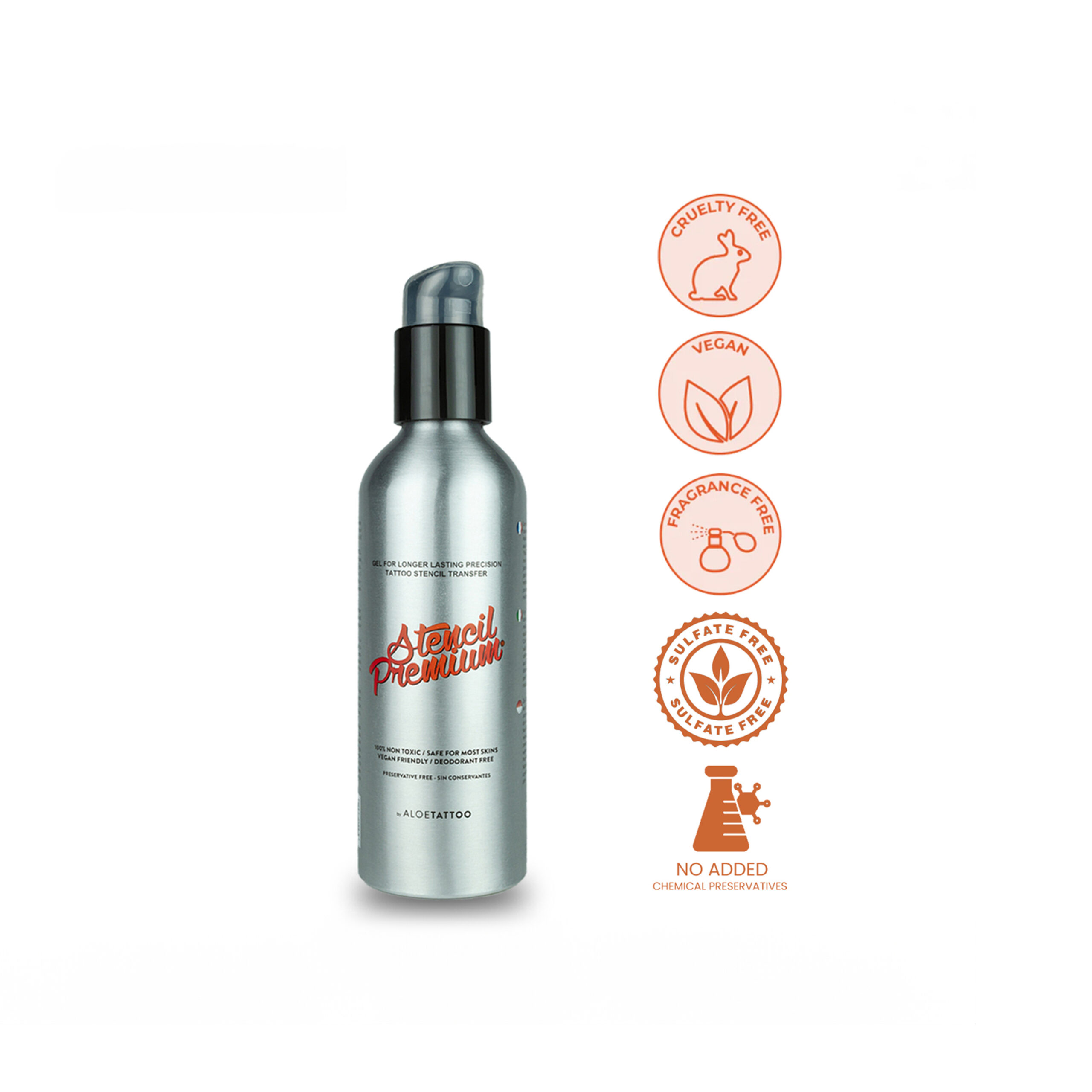 Bottiglia argento di Aloe Tattoo Stencil Transfer Gel con logo rosso su sfondo bianco