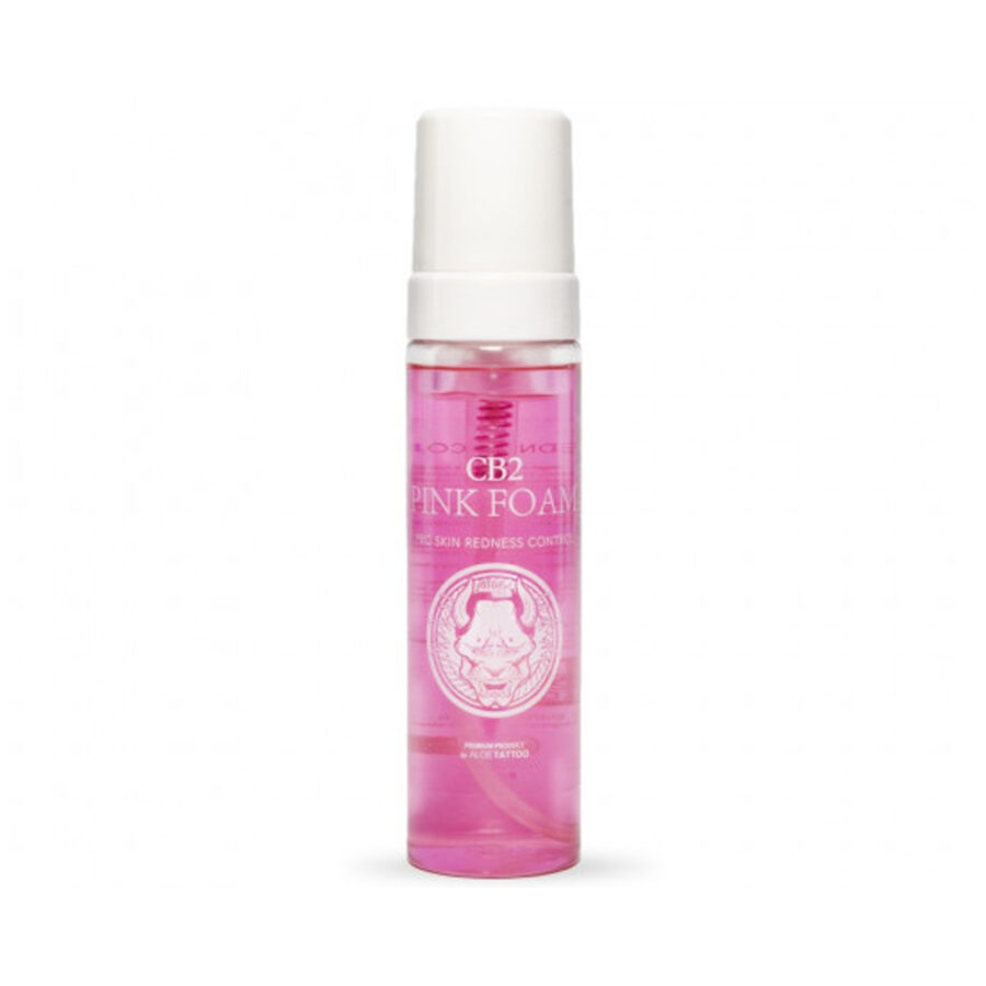 Bottiglia con schiuma rosa, Aloe Tattoo CB2, 220 ml, su sfondo bianco