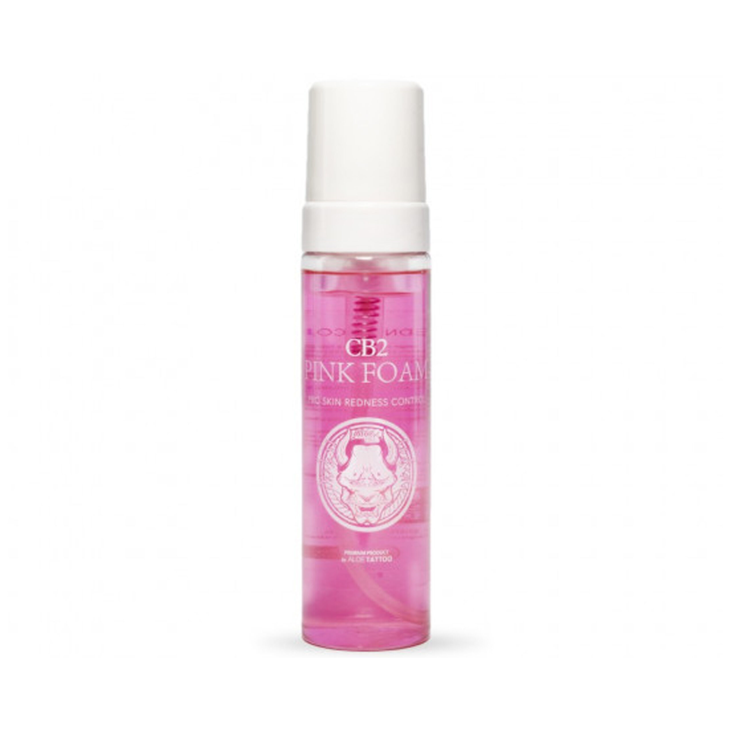 Bottiglia con schiuma rosa, Aloe Tattoo CB2, 220 ml, su sfondo bianco