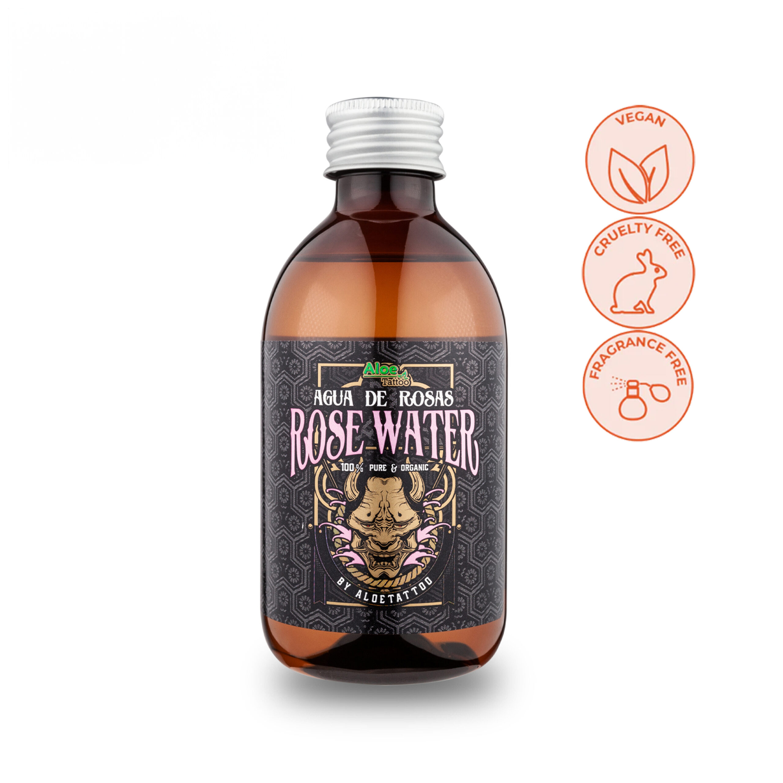 Bottiglia di vetro marrone con acqua di rose ed etichetta nera su sfondo bianco