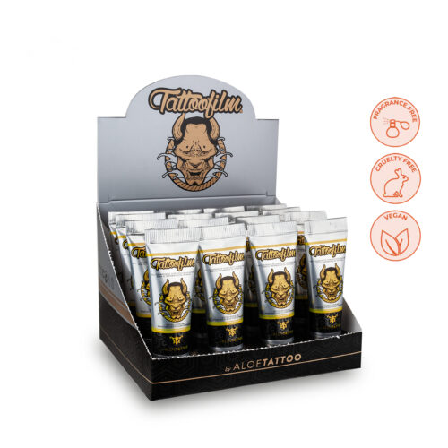 Scatola con 16 tubetti di Tattoofilm di Aloe Tattoo su sfondo bianco