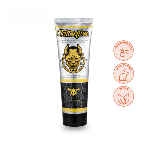 Tubo di Tattoofilm di Aloe Tattoo, 125 ml, con design giallo su sfondo bianco