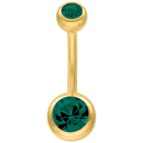 Piercing all'ombelico dorato con cristalli verde smeraldo su sfondo bianco