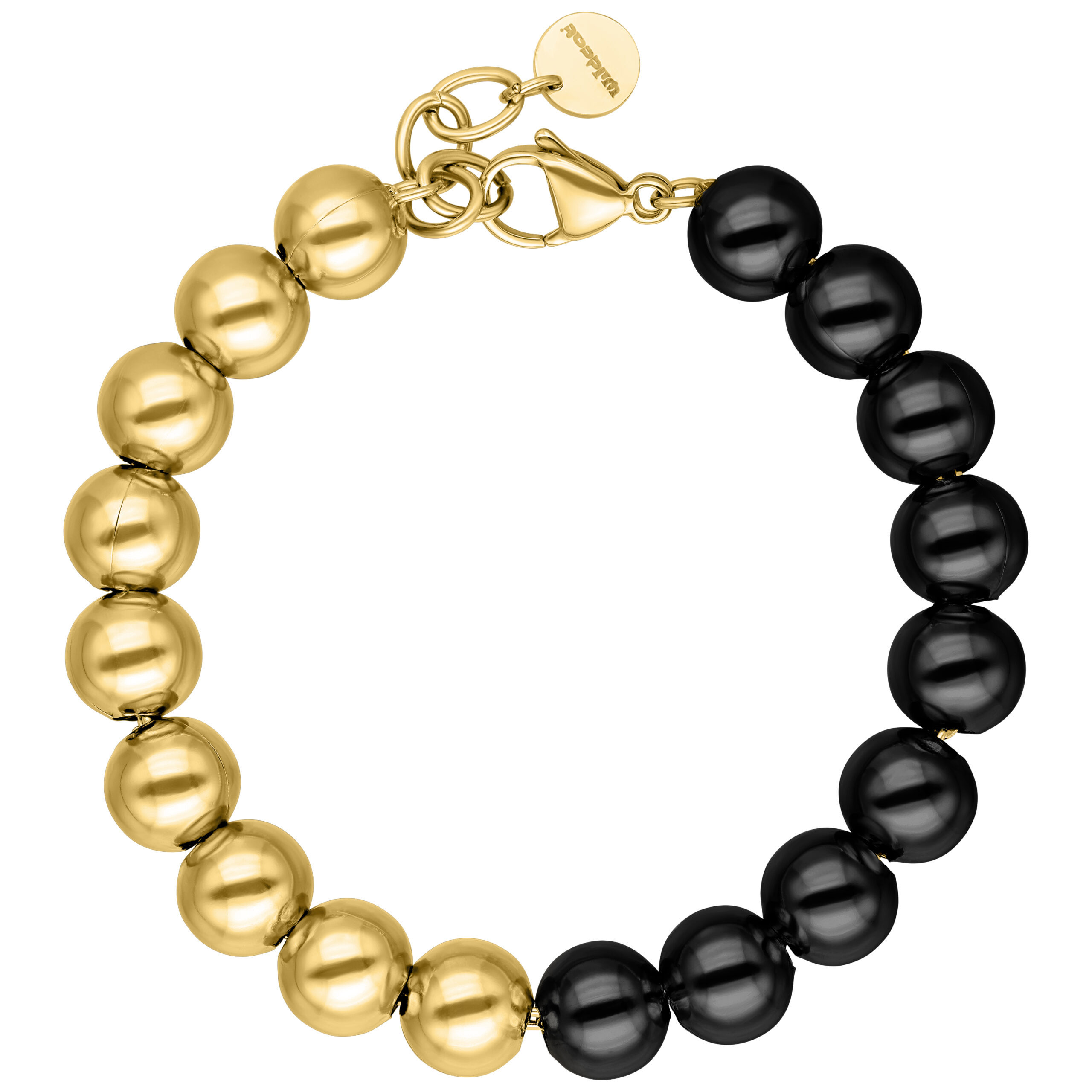 Bracciale in acciaio chirurgico con sfere dorate e nere su sfondo bianco